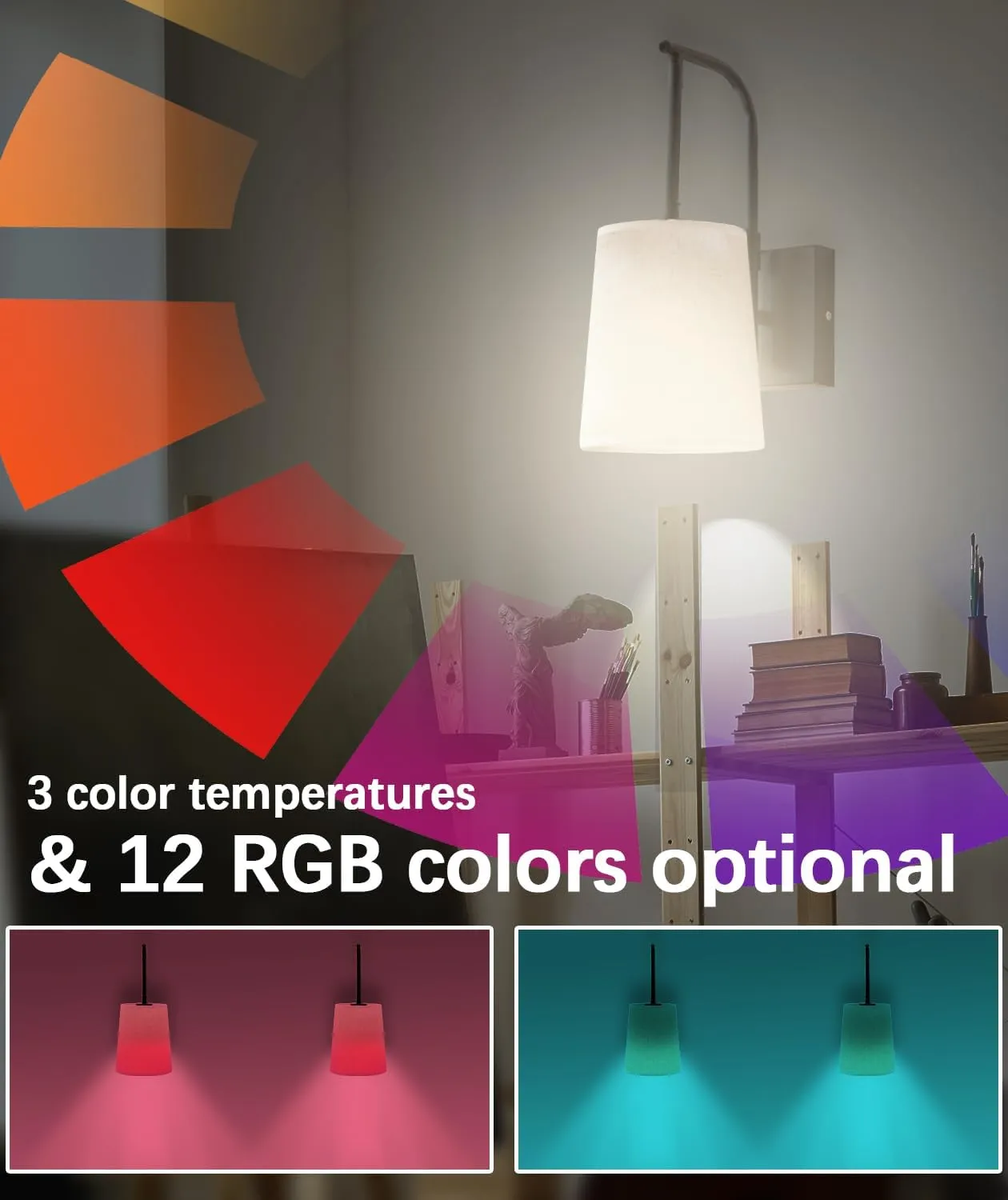 Battery Operated Wall Sconce Set of 2 with Remote Control, Rechargeable Dimmable 15 Color LED Wall Light, Not Wires Fabric Shade Light Fixture for Bathroom Living Room Mirror(Black)