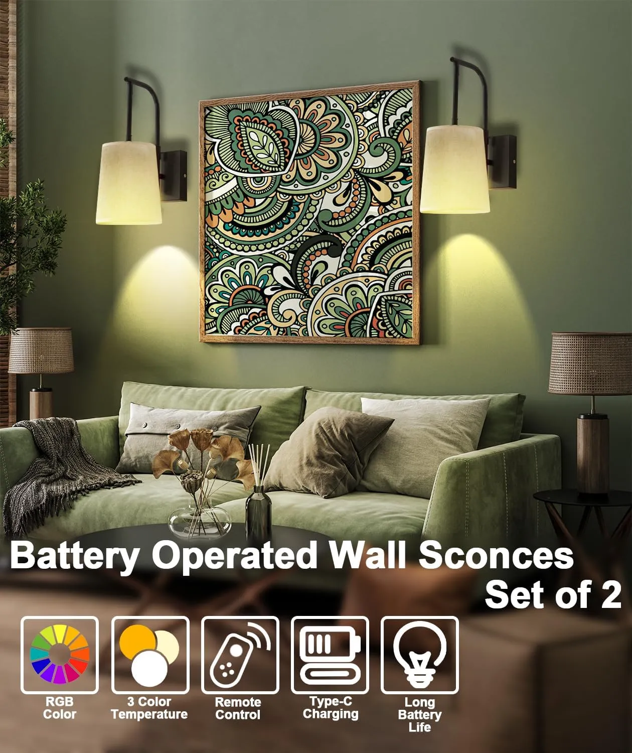 Battery Operated Wall Sconce Set of 2 with Remote Control, Rechargeable Dimmable 15 Color LED Wall Light, Not Wires Fabric Shade Light Fixture for Bathroom Living Room Mirror(Black)