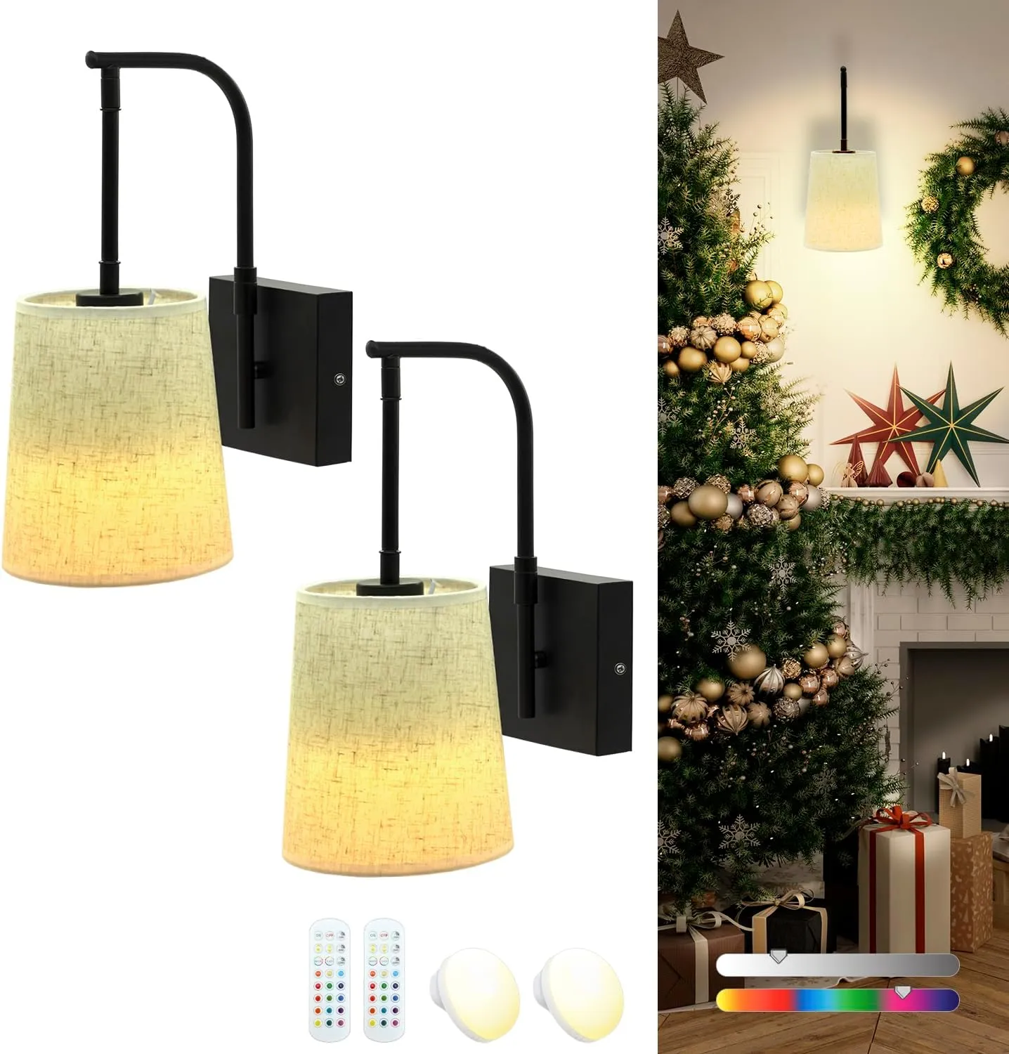 Battery Operated Wall Sconce Set of 2 with Remote Control, Rechargeable Dimmable 15 Color LED Wall Light, Not Wires Fabric Shade Light Fixture for Bathroom Living Room Mirror(Black)