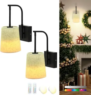 Battery Operated Wall Sconce Set of 2 with Remote Control, Rechargeable Dimmable 15 Color LED Wall Light, Not Wires Fabric Shade Light Fixture for Bathroom Living Room Mirror(Black)