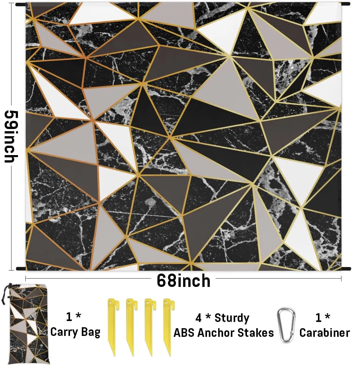 Beach Blanket, Mirror Marble Sandproof Beach Mat, Waterproof Quick Drying Sand Free Mat with 4 x Ground Spikes for Outdoor Travel Camping Hiking, Texture 68 x 59 in
