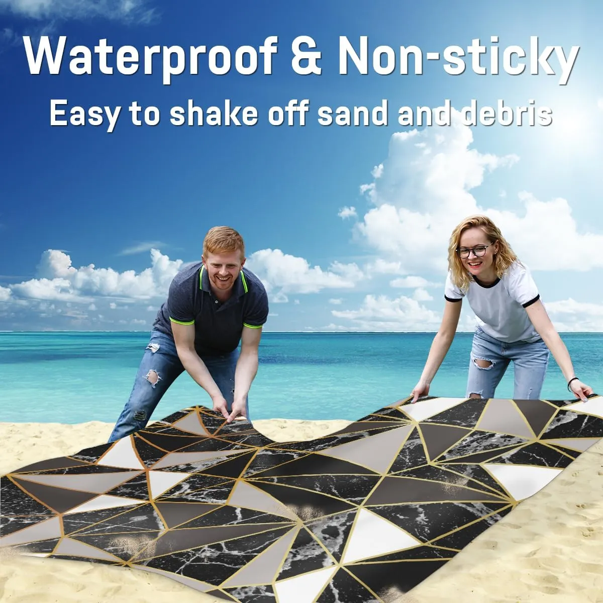 Beach Blanket, Mirror Marble Sandproof Beach Mat, Waterproof Quick Drying Sand Free Mat with 4 x Ground Spikes for Outdoor Travel Camping Hiking, Texture 68 x 59 in