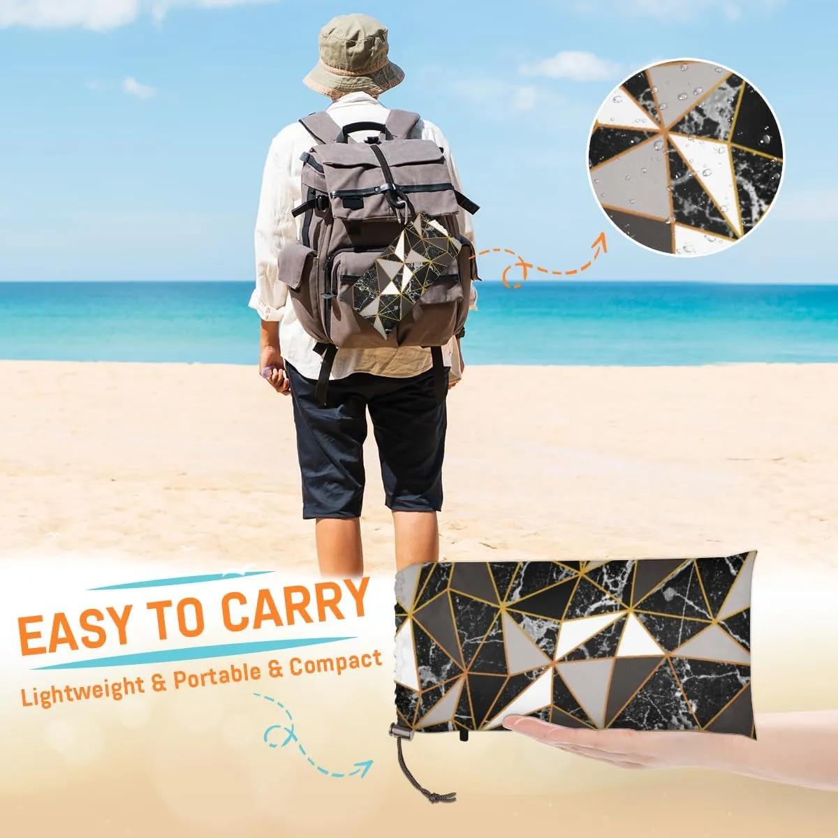 Beach Blanket, Mirror Marble Sandproof Beach Mat, Waterproof Quick Drying Sand Free Mat with 4 x Ground Spikes for Outdoor Travel Camping Hiking, Texture 68 x 59 in