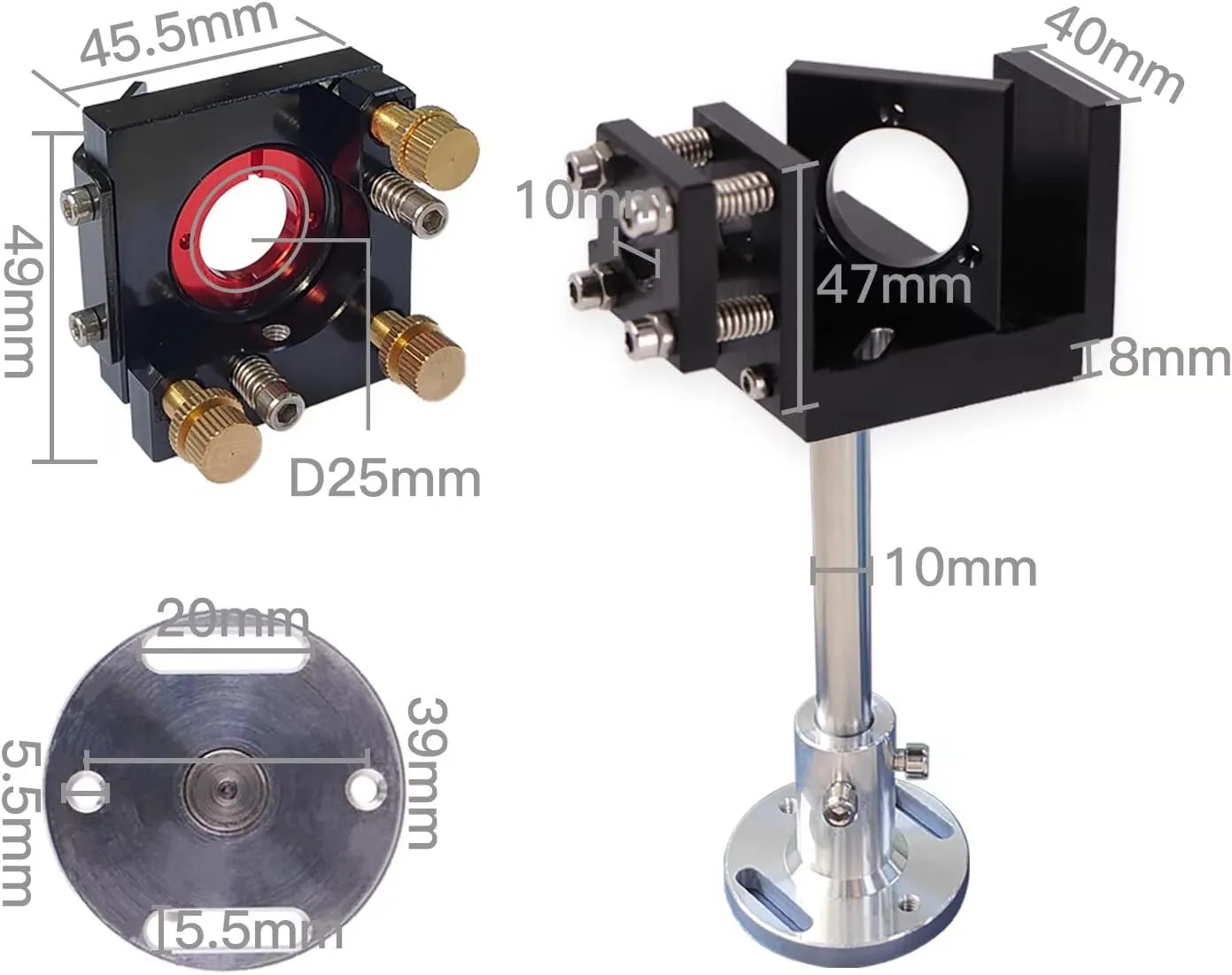Beam Combiner Base with First Mirror Mount Dia.25mm & 1Pcs Beam Combiner Dia.25mm & 1Pcs 5V Red Pointer Dia.12mm for CO2 Laser Cutter Engraving Machine