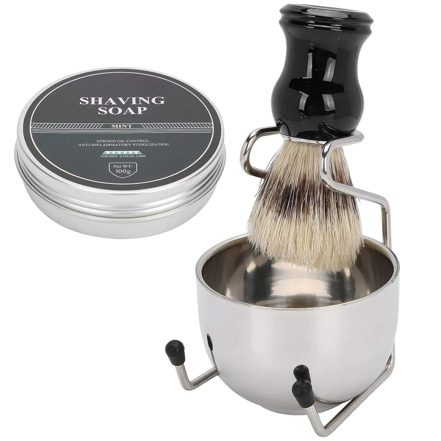 Beard Shaving Brush Set, 4pcs Shaving Tools Kit Men Shaving Soap Brush Stainless Steel Shaving Bowl Rack Kit Grooming Tool Gifts for Men Dad Boyfriend
