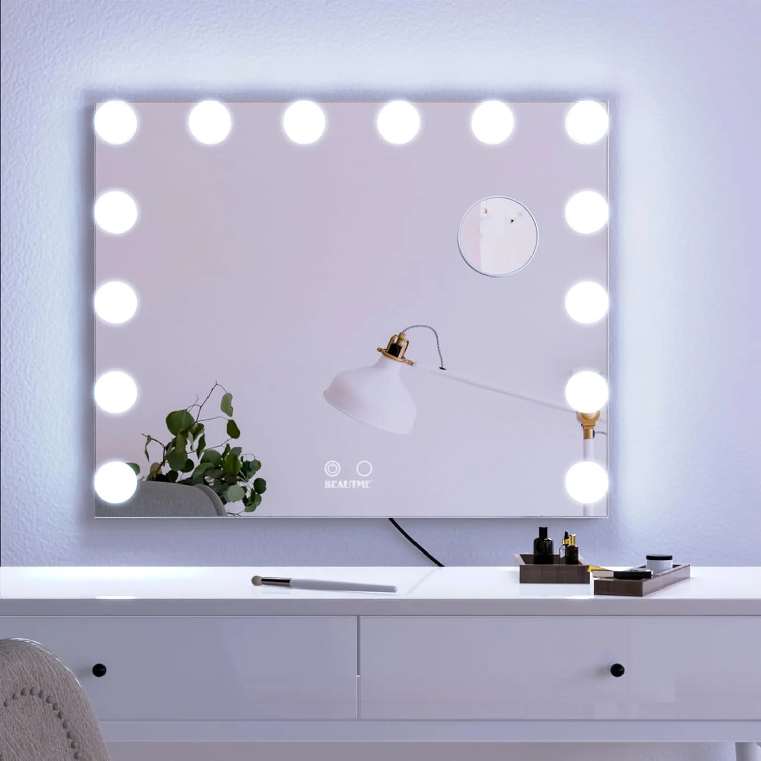 BEAUTME Vanity Mirror with Lights 24.4x19.7 Inch,Hollywood Style/Tabletop/Wall Mounted,Detachable 10X Spot Cosmetic Mirror for Vanity/Dressing Room/Bedroom,Silver