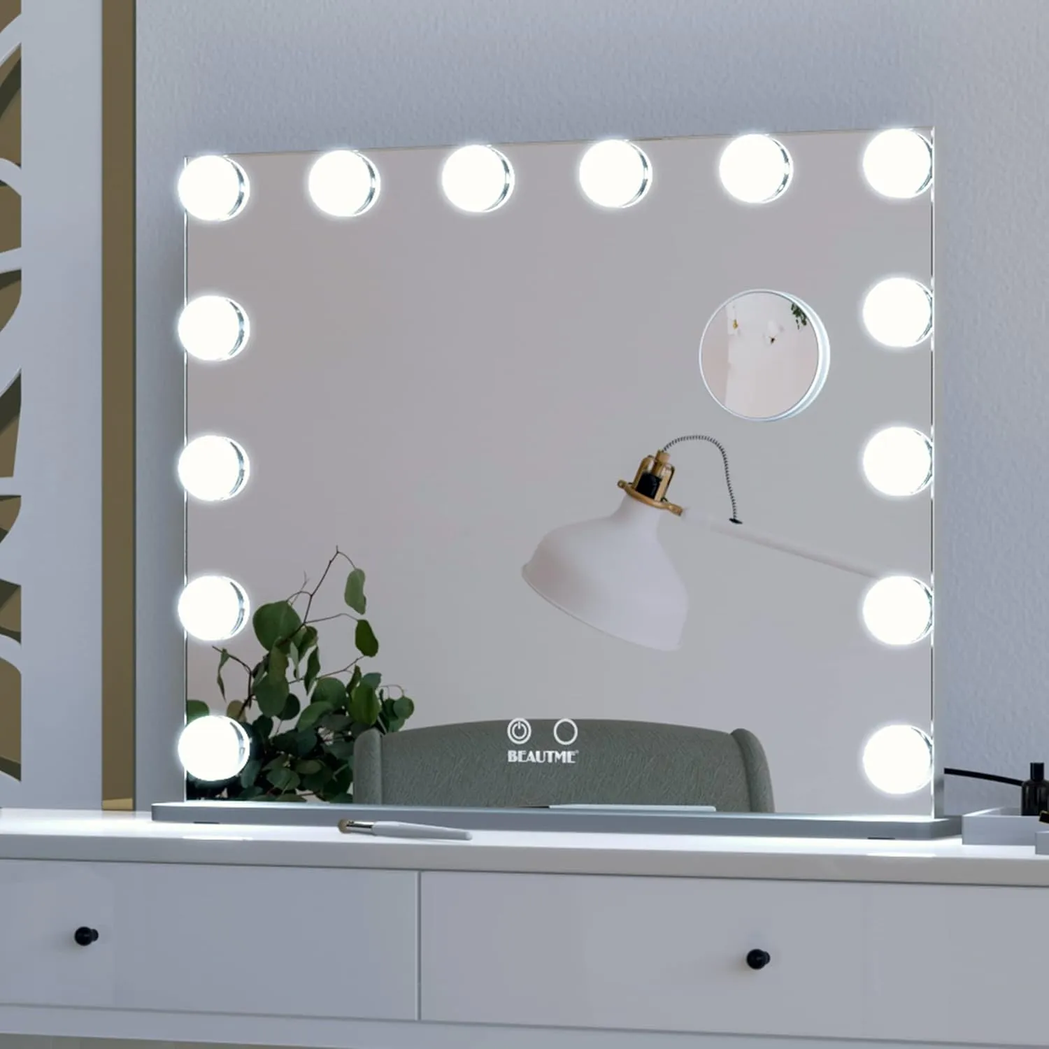 BEAUTME Vanity Mirror with Lights 24.4x19.7 Inch,Hollywood Style/Tabletop/Wall Mounted,Detachable 10X Spot Cosmetic Mirror for Vanity/Dressing Room/Bedroom,Silver