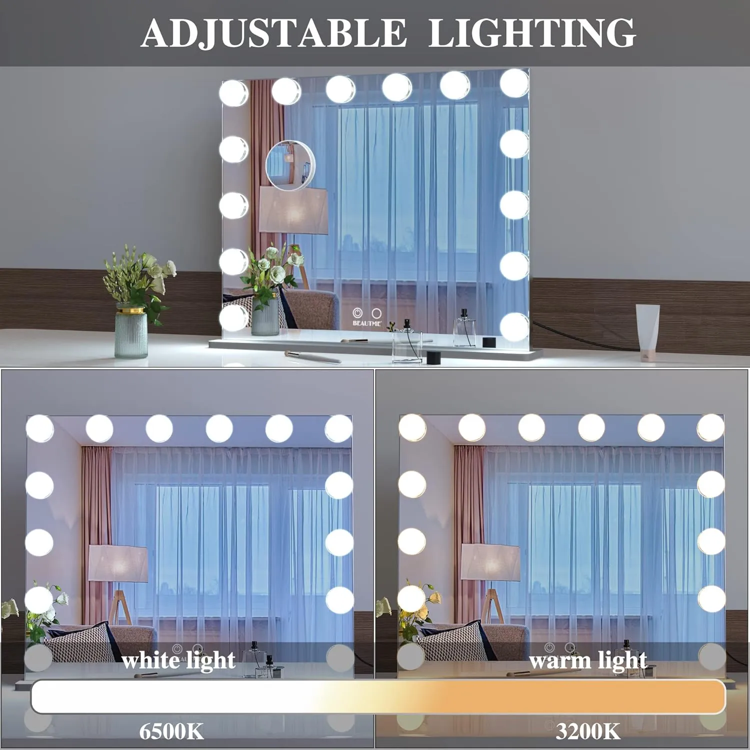 BEAUTME Vanity Mirror with Lights 24.4x19.7 Inch,Hollywood Style/Tabletop/Wall Mounted,Detachable 10X Spot Cosmetic Mirror for Vanity/Dressing Room/Bedroom,Silver
