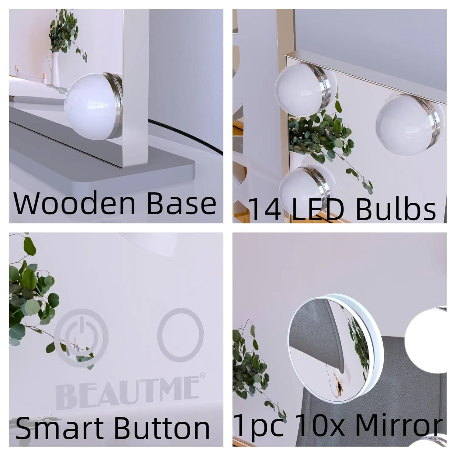 BEAUTME Vanity Mirror with Lights 24.4x19.7 Inch,Hollywood Style/Tabletop/Wall Mounted,Detachable 10X Spot Cosmetic Mirror for Vanity/Dressing Room/Bedroom,Silver
