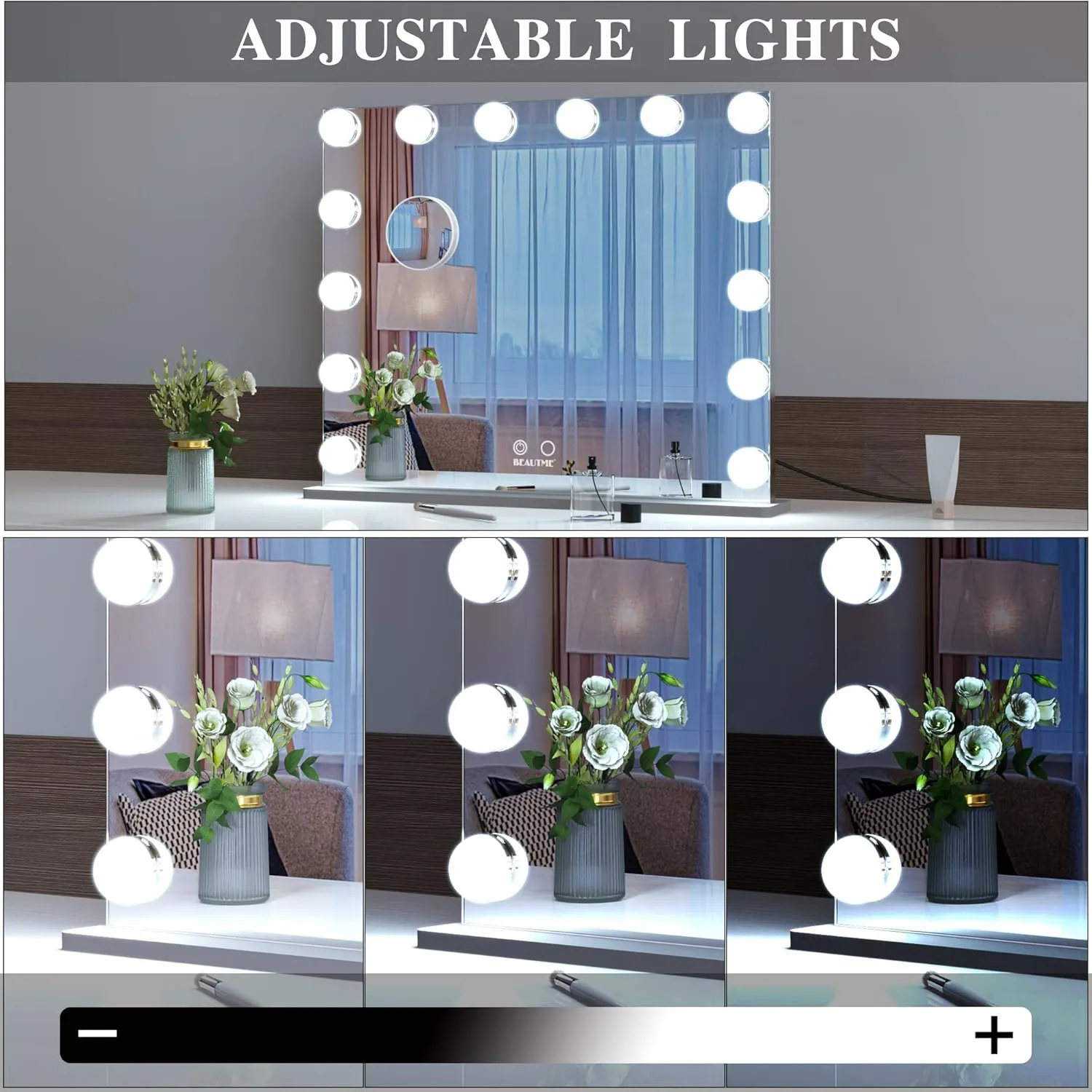 BEAUTME Vanity Mirror with Lights 24.4x19.7 Inch,Hollywood Style/Tabletop/Wall Mounted,Detachable 10X Spot Cosmetic Mirror for Vanity/Dressing Room/Bedroom,Silver