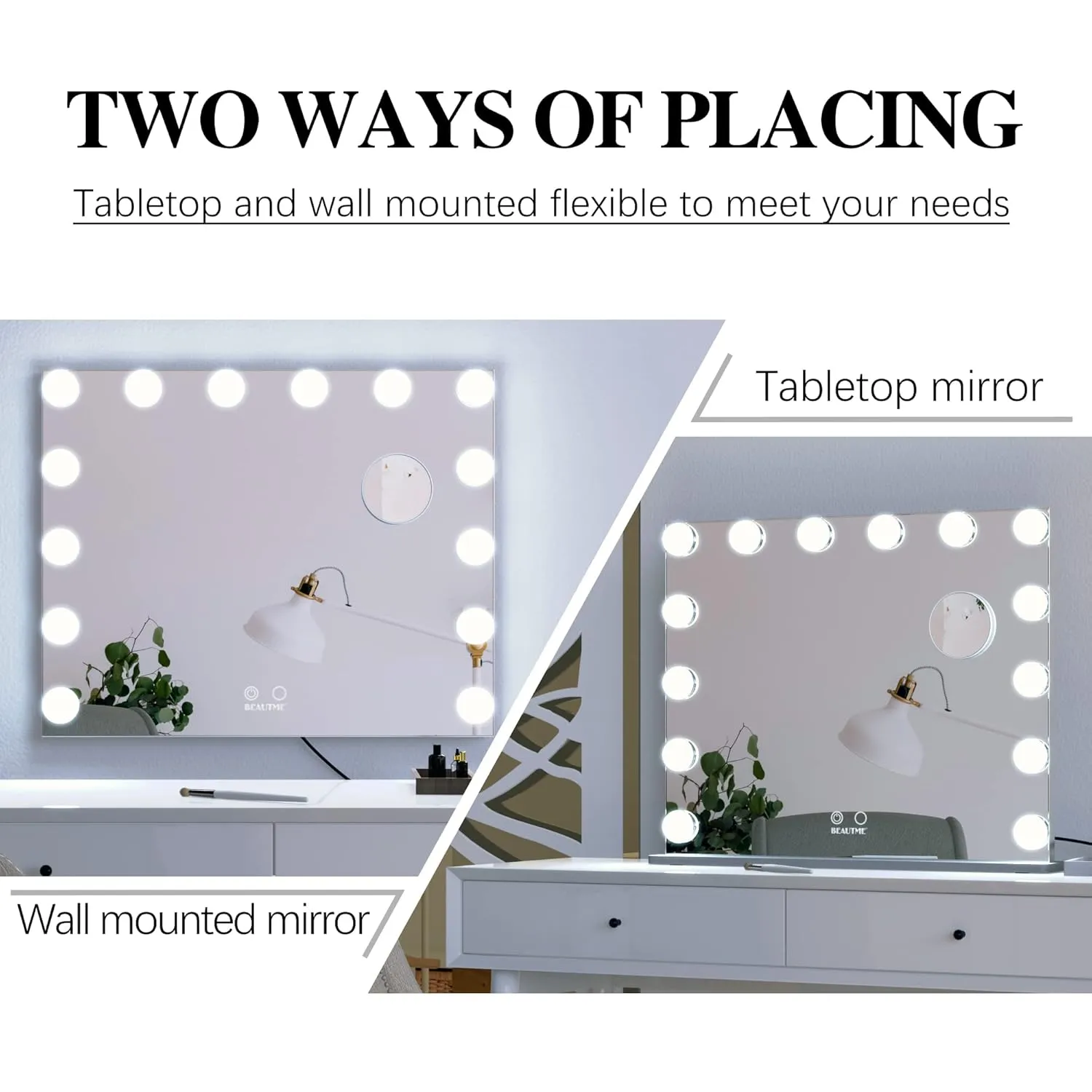 BEAUTME Vanity Mirror with Lights 24.4x19.7 Inch,Hollywood Style/Tabletop/Wall Mounted,Detachable 10X Spot Cosmetic Mirror for Vanity/Dressing Room/Bedroom,Silver