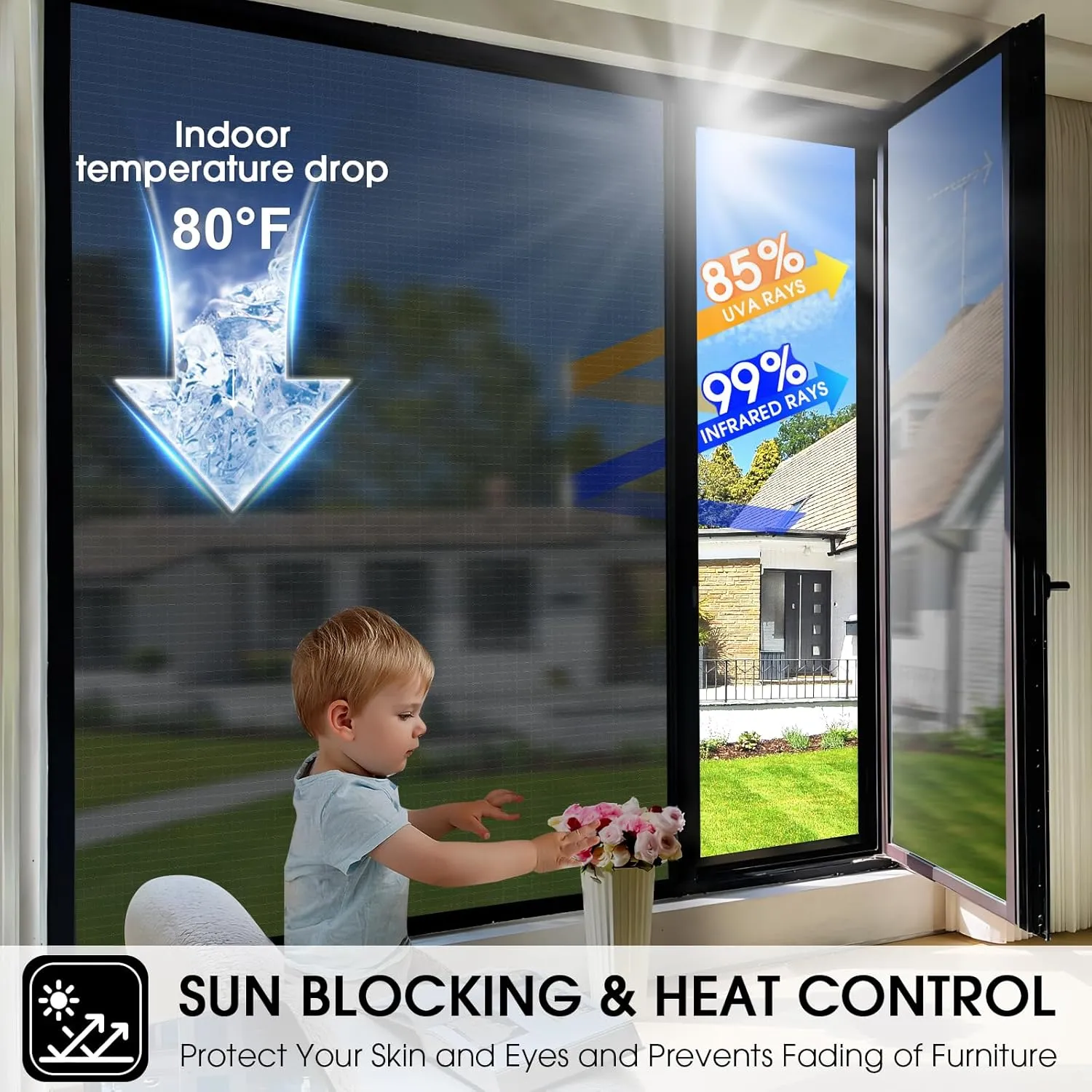 Beautysaid One Way Privacy Window Film See Out Not in Sun Blocking Home Window Tint Reflective Mirror Sun Blocker Anti UV Static Cling Window Covering for House(Black,29.5 x 118 in)
