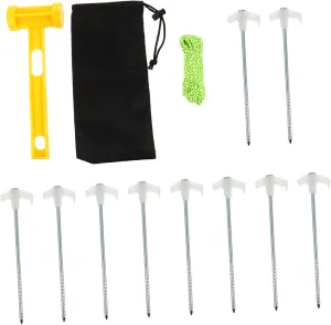 BESPORTBLE 1set Outdoor Camping Tent Stake Kit Spiral Pegs Hammer Rope Heavy Duty Steel Ground Anchors for Tents Tarps and for Hiking Family Trips