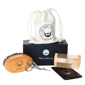 Best Premium Professional Beard & Brush Travel Gift Set Superior 100% Boar Bristle Brush Including Grooming Comb & Bonus Scissors Great For Trimming Beards Mustache or Goatee- It's All About The Beard