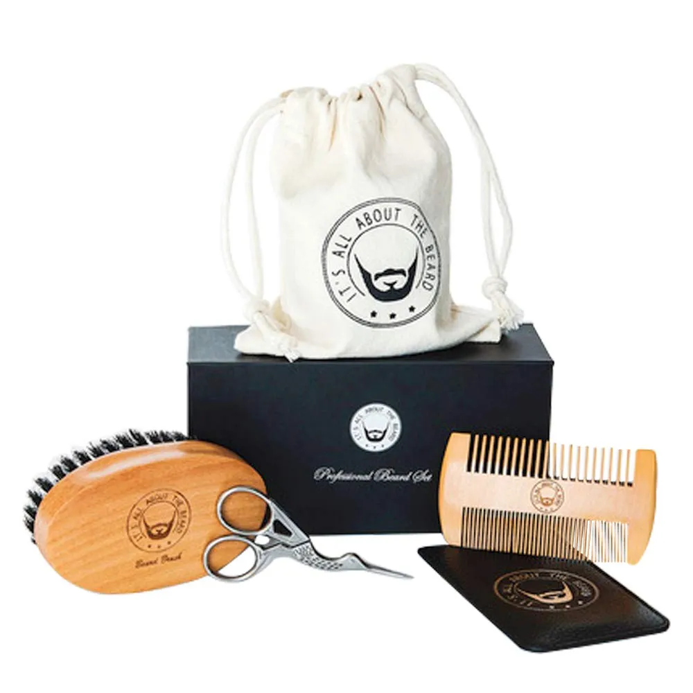 Best Premium Professional Beard & Brush Travel Gift Set Superior 100% Boar Bristle Brush Including Grooming Comb & Bonus Scissors Great For Trimming Beards Mustache or Goatee- It's All About The Beard
