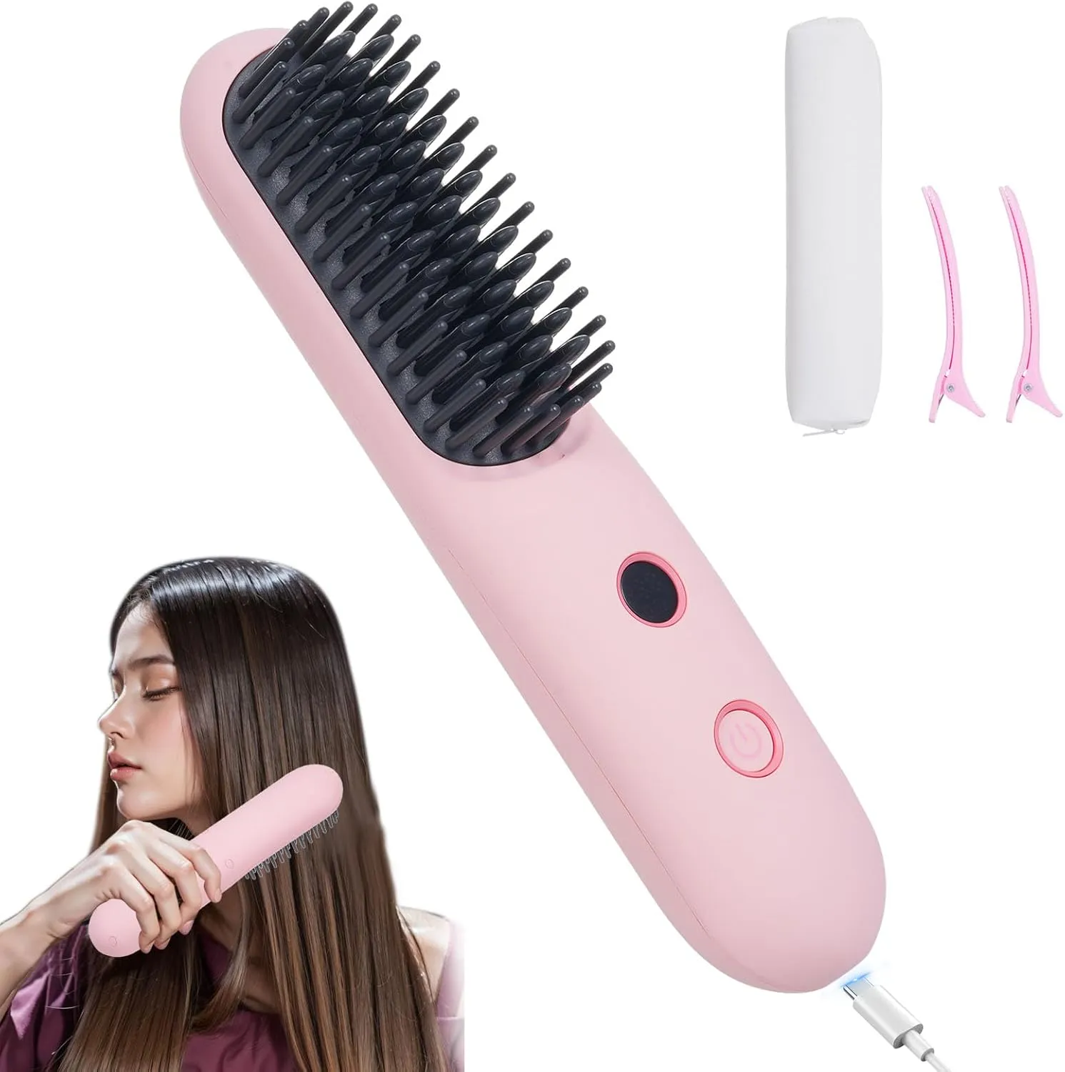 Bestauty Cordless Hair Straightener Brush, MCH Fast 20s Heating Technology, 320℉-356℉-392℉ 3 Levels Adjustable, Negative Ion Conditioning Hair Straightening Brush Volumizing Hot Comb (Baby Pink)