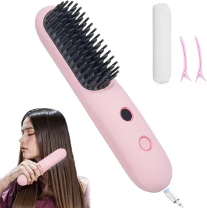 Bestauty Cordless Hair Straightener Brush, MCH Fast 20s Heating Technology, 320℉-356℉-392℉ 3 Levels Adjustable, Negative Ion Conditioning Hair Straightening Brush Volumizing Hot Comb (Baby Pink)