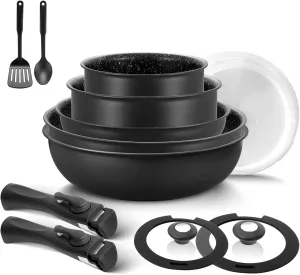 BEZIA Induction Cookware Set 13 Pieces, Pots and Pans Set Non-Stick with Removable Handles, for All Hobs, Stackable Design for RV, Camping, Dishwasher and Oven Safe, PFAS Free
