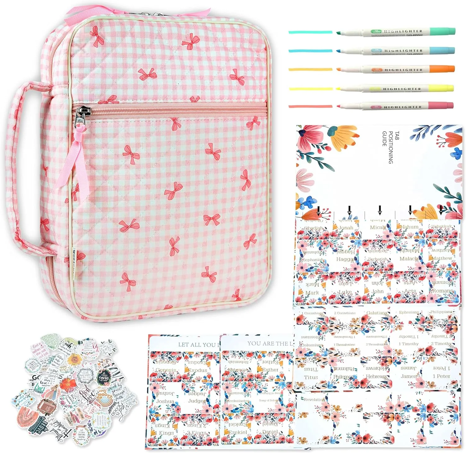Bible Cover Case for Women,Large Quilted Bible Carrying Case with Bible Study Supplies, Plaid Bow Church Bag Bible Study Kit Bible Journaling Supplies,Birthday Christian Gifts for Women(L)