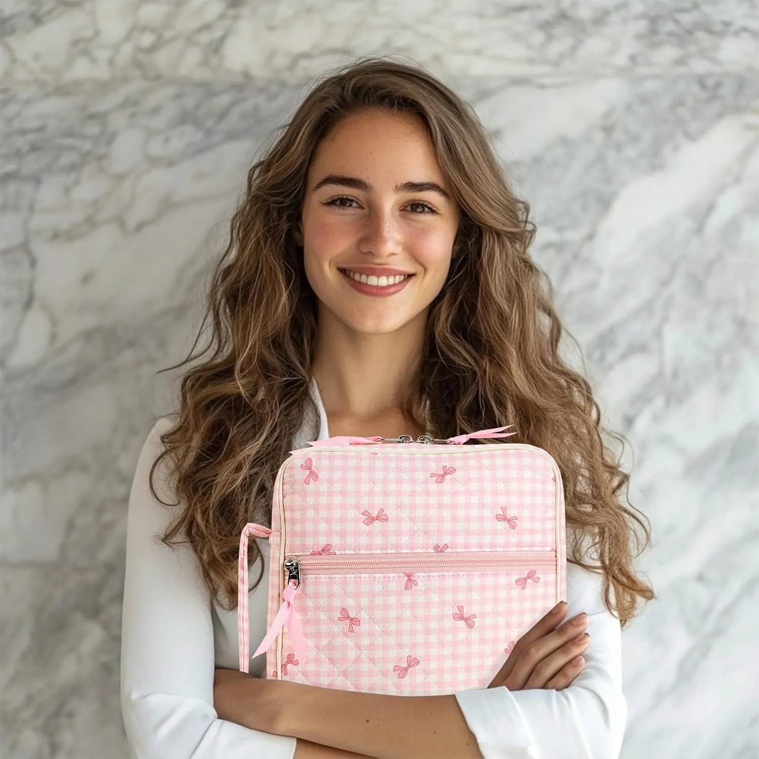 Bible Cover Case for Women,Large Quilted Bible Carrying Case with Bible Study Supplies, Plaid Bow Church Bag Bible Study Kit Bible Journaling Supplies,Birthday Christian Gifts for Women(L)