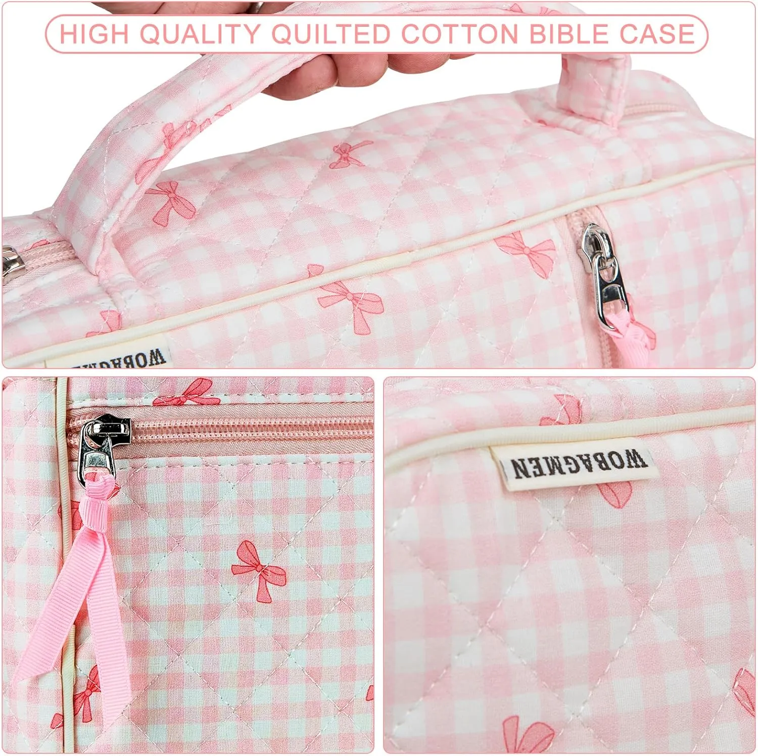 Bible Cover Case for Women,Large Quilted Bible Carrying Case with Bible Study Supplies, Plaid Bow Church Bag Bible Study Kit Bible Journaling Supplies,Birthday Christian Gifts for Women(L)