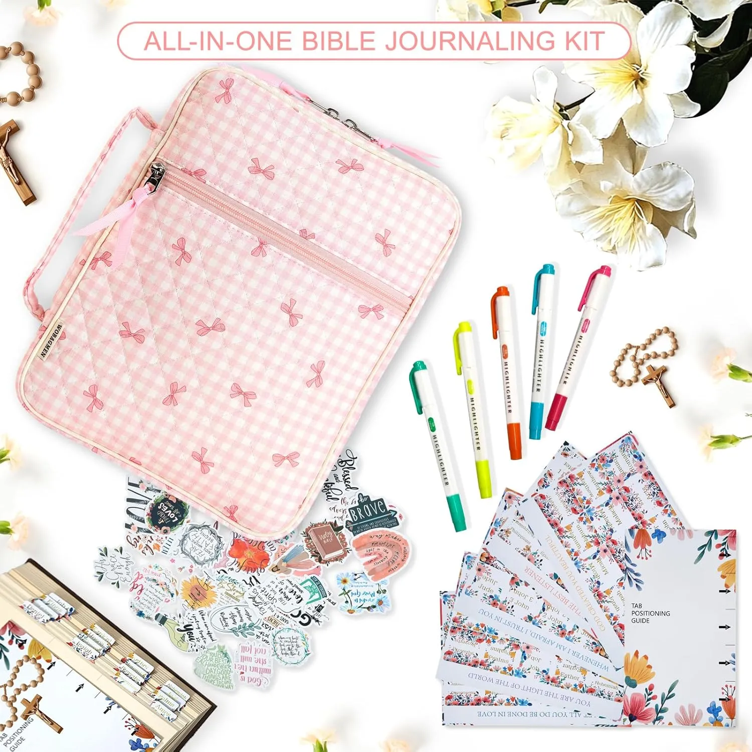 Bible Cover Case for Women,Large Quilted Bible Carrying Case with Bible Study Supplies, Plaid Bow Church Bag Bible Study Kit Bible Journaling Supplies,Birthday Christian Gifts for Women(L)