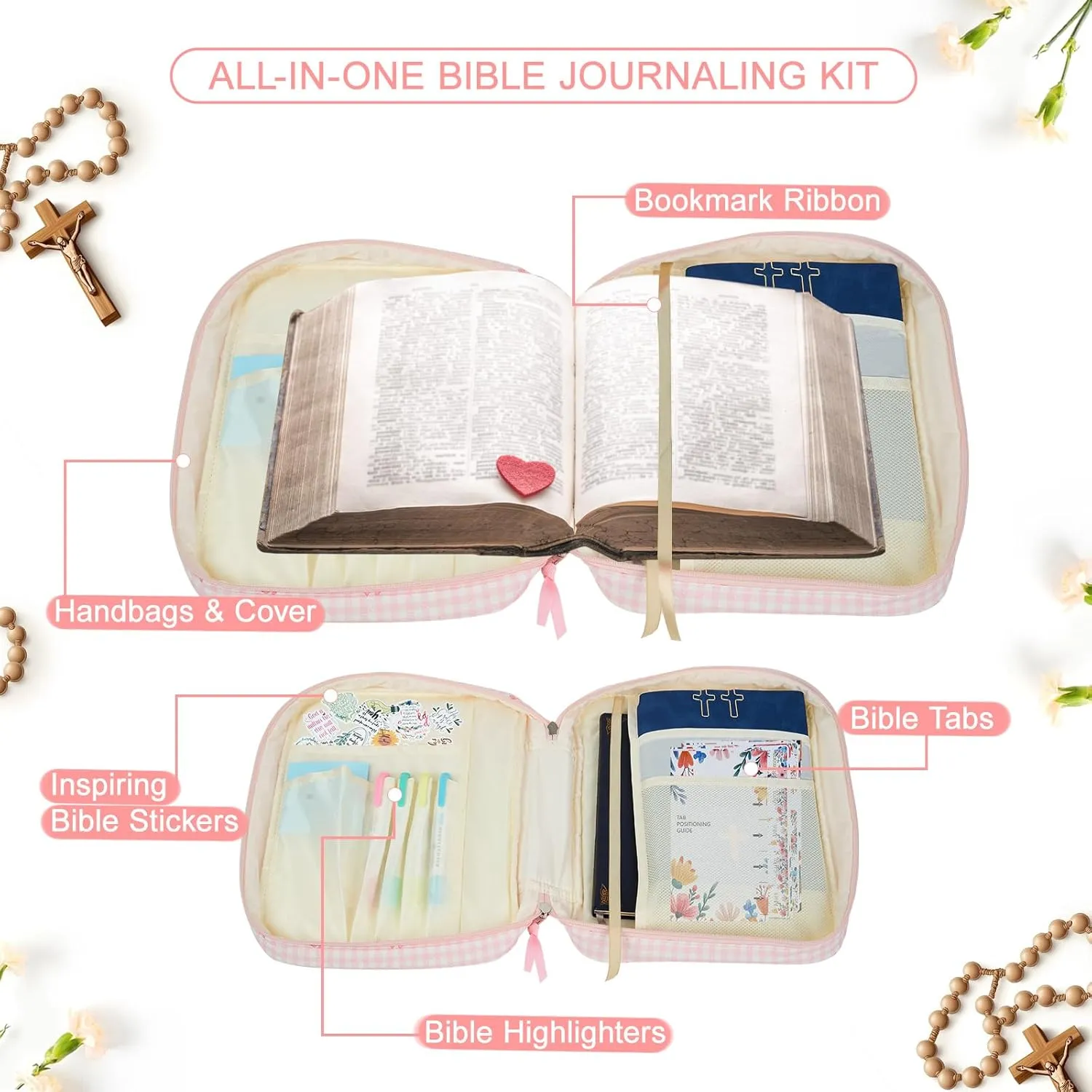Bible Cover Case for Women,Large Quilted Bible Carrying Case with Bible Study Supplies, Plaid Bow Church Bag Bible Study Kit Bible Journaling Supplies,Birthday Christian Gifts for Women(L)