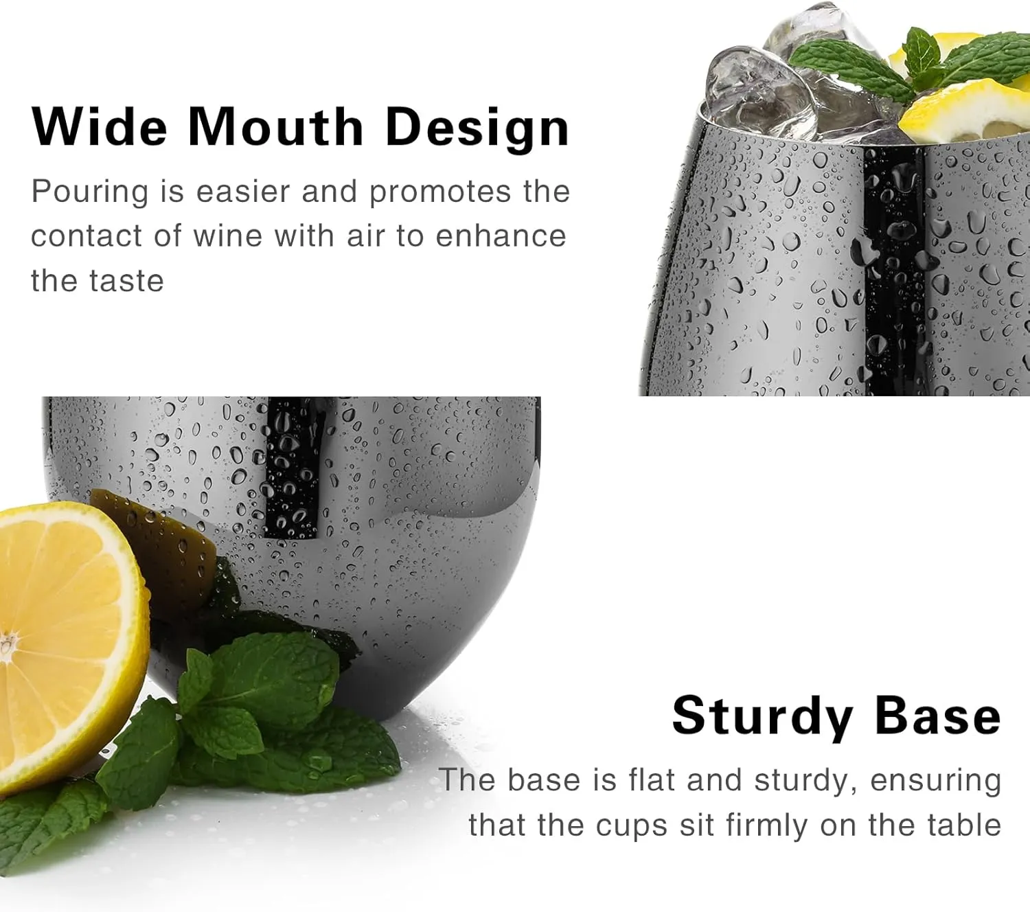 Black Stainless Steel Wine Glasses Set of 4, 18oz Unbreakable Stemless Metal Wine Glass for Outdoor, Travel, Camping, Pool