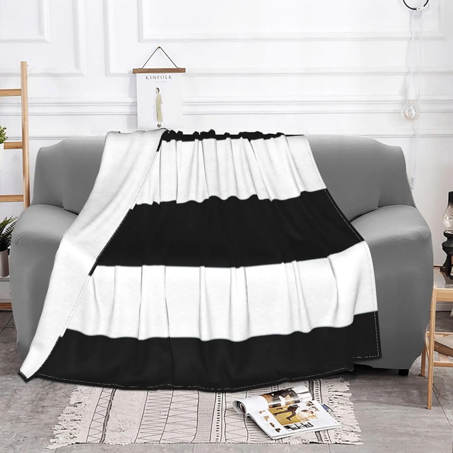 Black White Stripes 60"X50" Flannel Blanket - 100% Soft Polyester, Lightweight and Warm, Suitable for Families, Camping, Travel