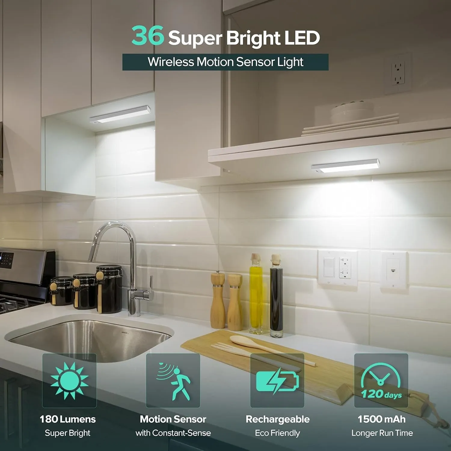 BLS 36 LED Closet Light Battery Powered, Super Bright Under Cabinet Lighting, Motion Sensor Indoor, Wireless, 1500mAh Rechargeable, 120 Days Run Time
