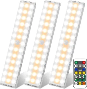 BLS LED Closet Lights, 38 LED Wireless Under Cabinet Lighting Battery Operated Lights with Remote, 1500mah Battery Powered Lights, USB Rechargeable Motion Sensor Light Indoor, Dimmable 3 Colors 3 Pack