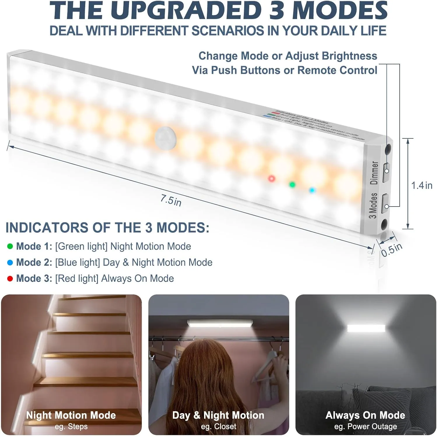BLS LED Closet Lights, 38 LED Wireless Under Cabinet Lighting Battery Operated Lights with Remote, 1500mah Battery Powered Lights, USB Rechargeable Motion Sensor Light Indoor, Dimmable 3 Colors 3 Pack