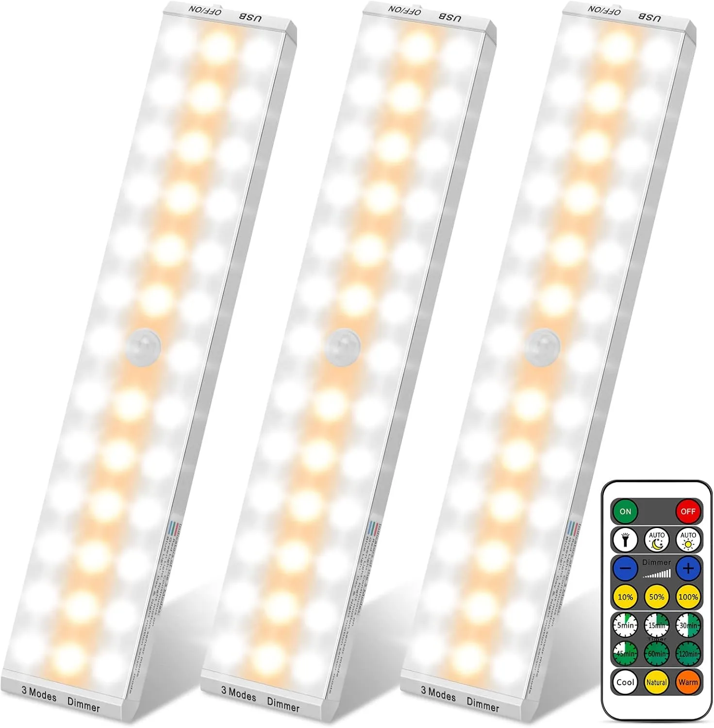 BLS LED Closet Lights, 38 LED Wireless Under Cabinet Lighting Battery Operated Lights with Remote, 1500mah Battery Powered Lights, USB Rechargeable Motion Sensor Light Indoor, Dimmable 3 Colors 3 Pack
