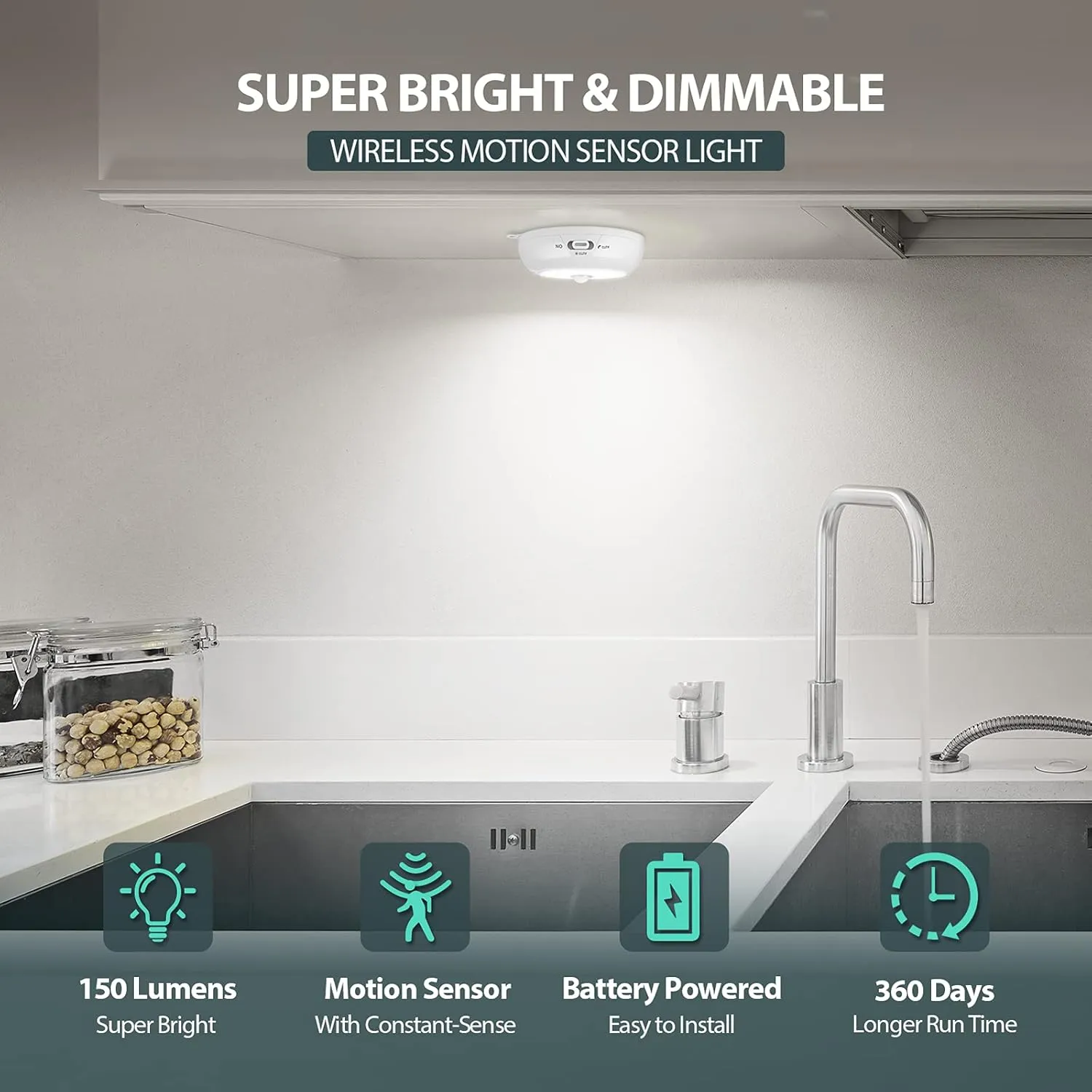 BLS Motion Sensor Light Indoor, LED Night Light Closet Lights, Under Cabinet Battery Powered Ceiling Lights, AA Battery Operated Stick on Wireless Puck Lights for Wall, Step, Stair, Dimmable (3 Pack)