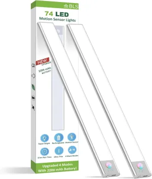 BLS Under Cabinet Lights, 74 LED lights Battery Operated Motion Sensor Light Indoor, USB C Rechargeable Closet Lights Motion Sensored, 2200mah Wireless Magnetic Light for Kitchen Night Stairs (2 Pack)