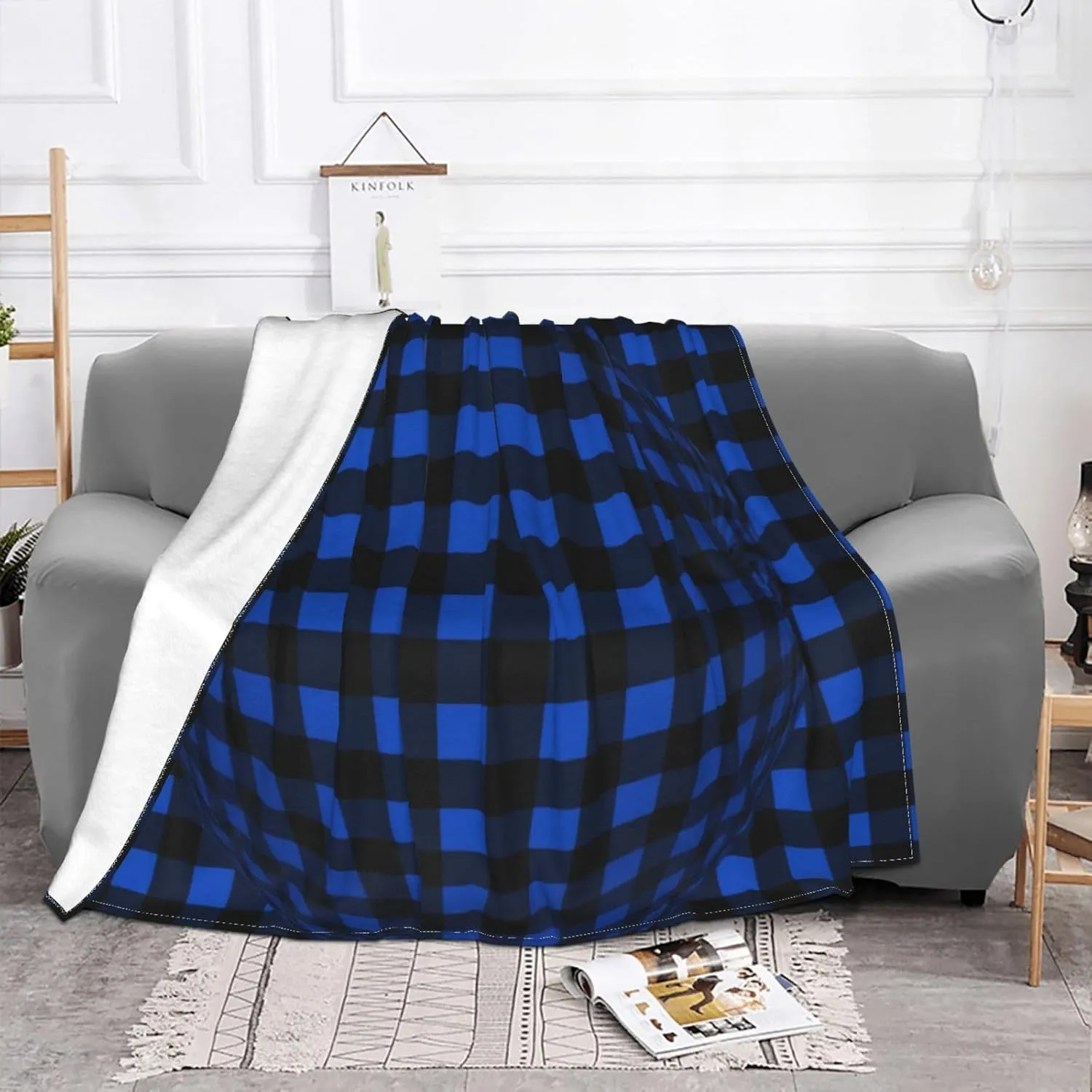Blue and Black Buffalo Check 60"X50" Flannel Blanket - 100% Soft Polyester, Lightweight and Warm, Suitable for Families, Camping, Travel