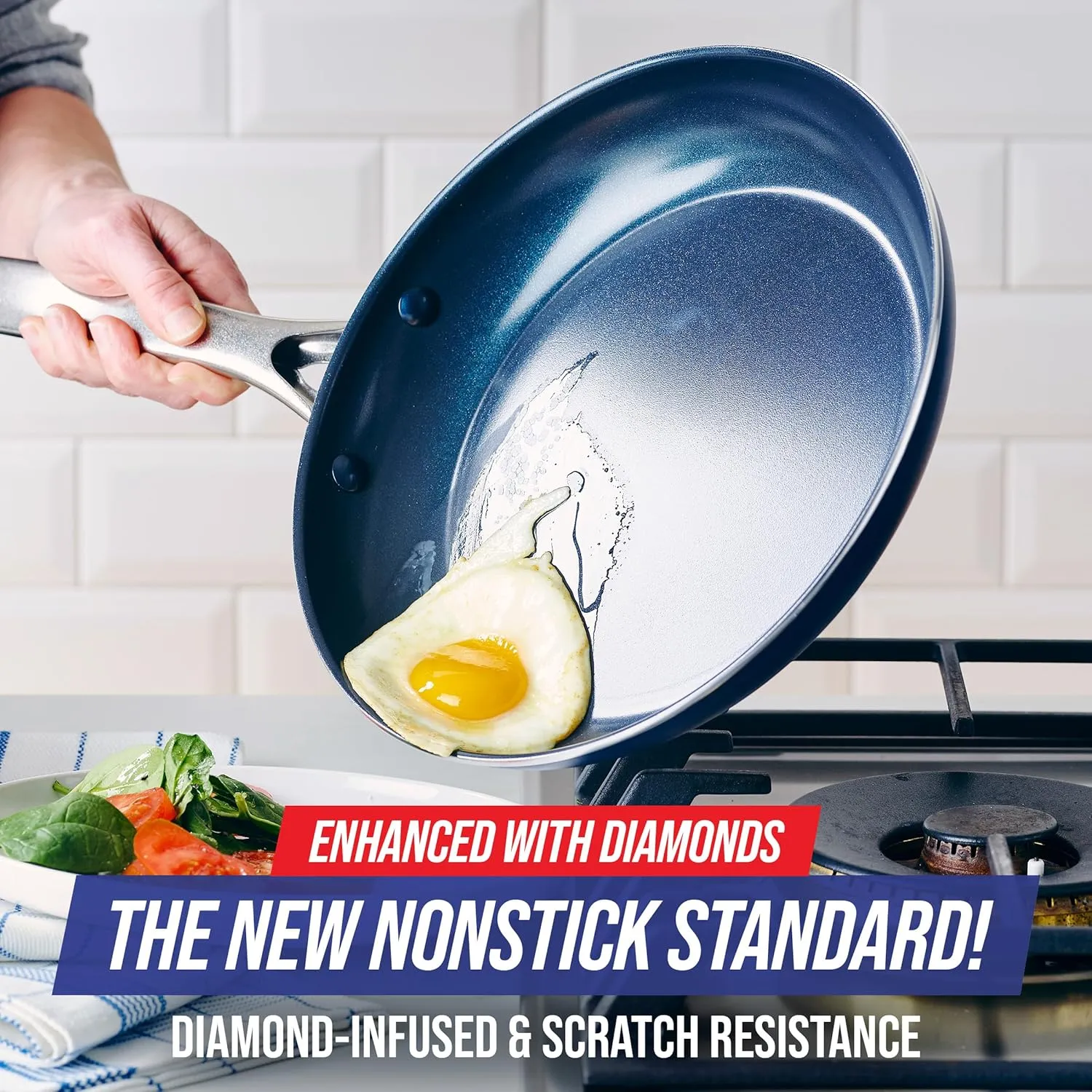 Blue Diamond 11" Grill Genie Pan, Diamond Infused Ceramic Nonstick with Lid, PFOA and PFAS-Free, Dishwasher & Oven Safe, Durable Cookware for Indoor Grilling, Searing, Versatile Cooking, Blue