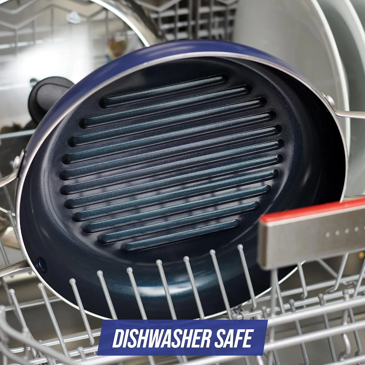 Blue Diamond 11" Grill Genie Pan, Diamond Infused Ceramic Nonstick with Lid, PFOA and PFAS-Free, Dishwasher & Oven Safe, Durable Cookware for Indoor Grilling, Searing, Versatile Cooking, Blue