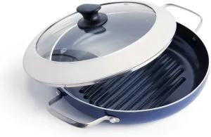 Blue Diamond 11" Grill Genie Pan, Diamond Infused Ceramic Nonstick with Lid, PFOA and PFAS-Free, Dishwasher & Oven Safe, Durable Cookware for Indoor Grilling, Searing, Versatile Cooking, Blue