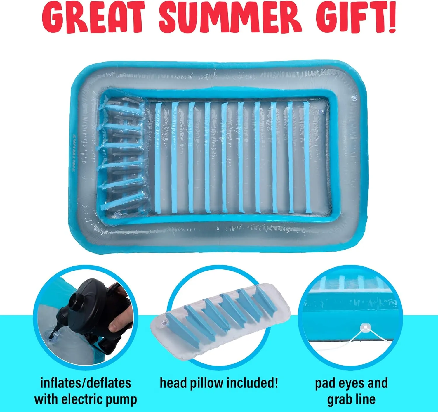 Blue Inflatable Tanning Lounger Float - Personal Pool Lounge with Pillow - 13 Years 