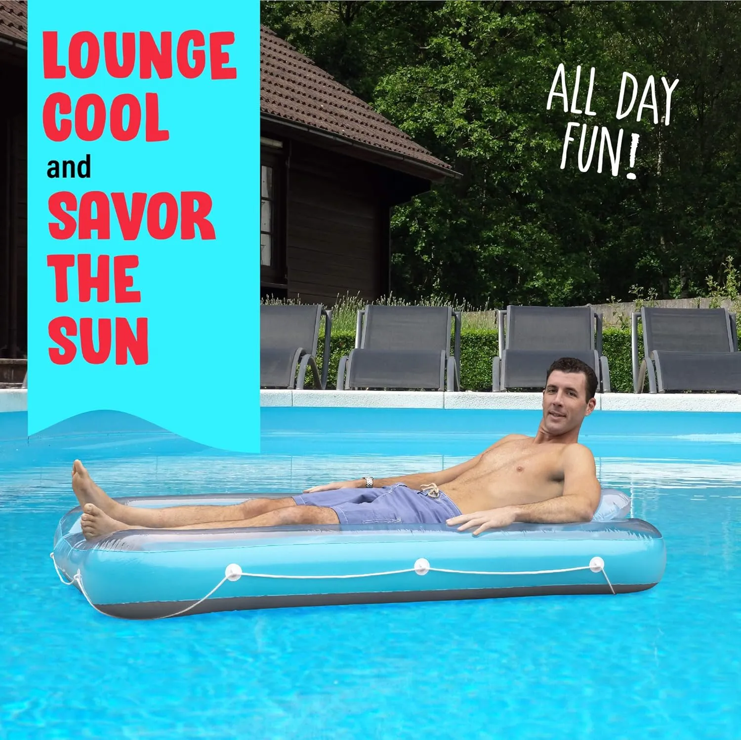 Blue Inflatable Tanning Lounger Float - Personal Pool Lounge with Pillow - 13 Years 