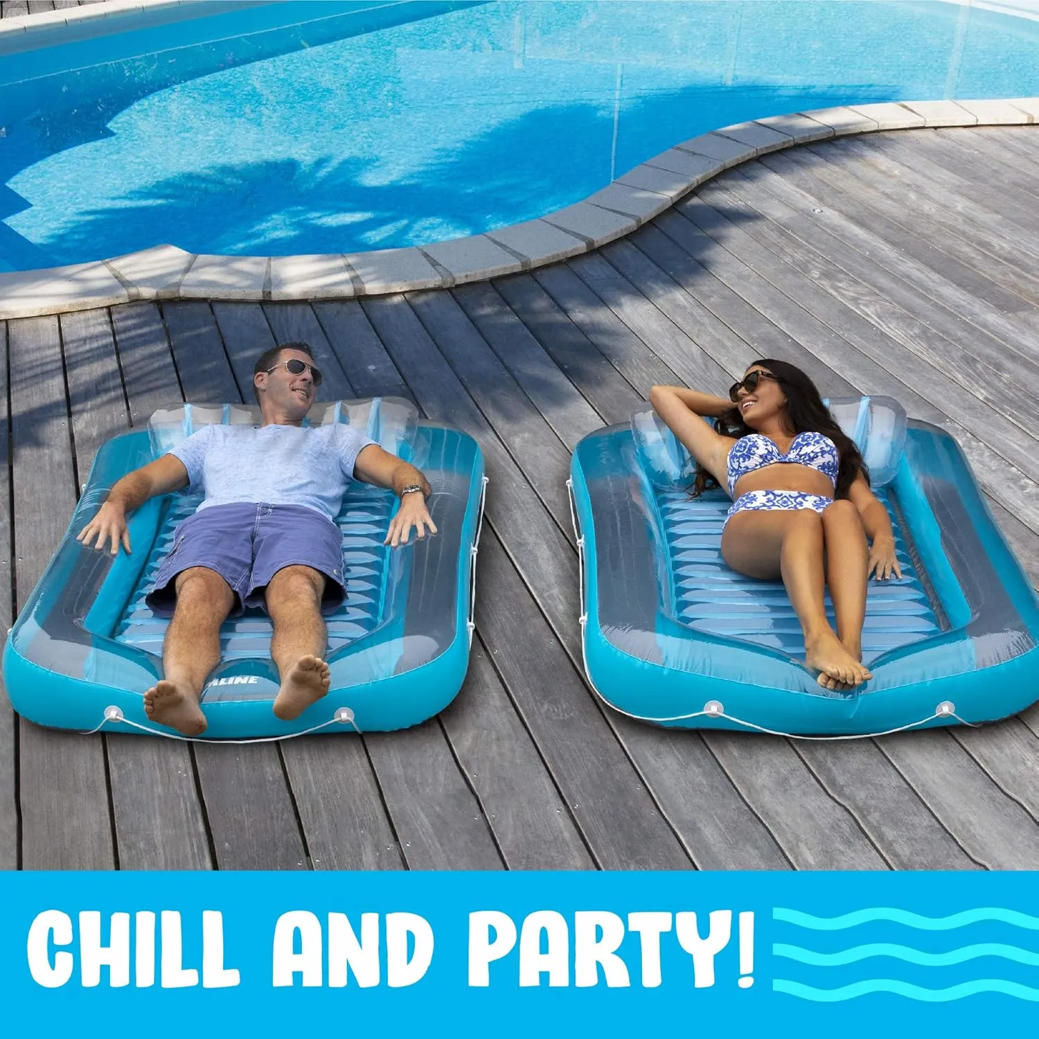 Blue Inflatable Tanning Lounger Float - Personal Pool Lounge with Pillow - 13 Years 