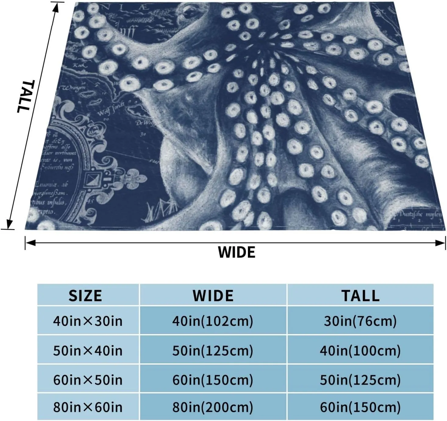 Blue Octopus Vintage Map Chic 60"X50" Flannel Blanket - 100% Soft Polyester, Lightweight and Warm, Suitable for Families, Camping, Travel