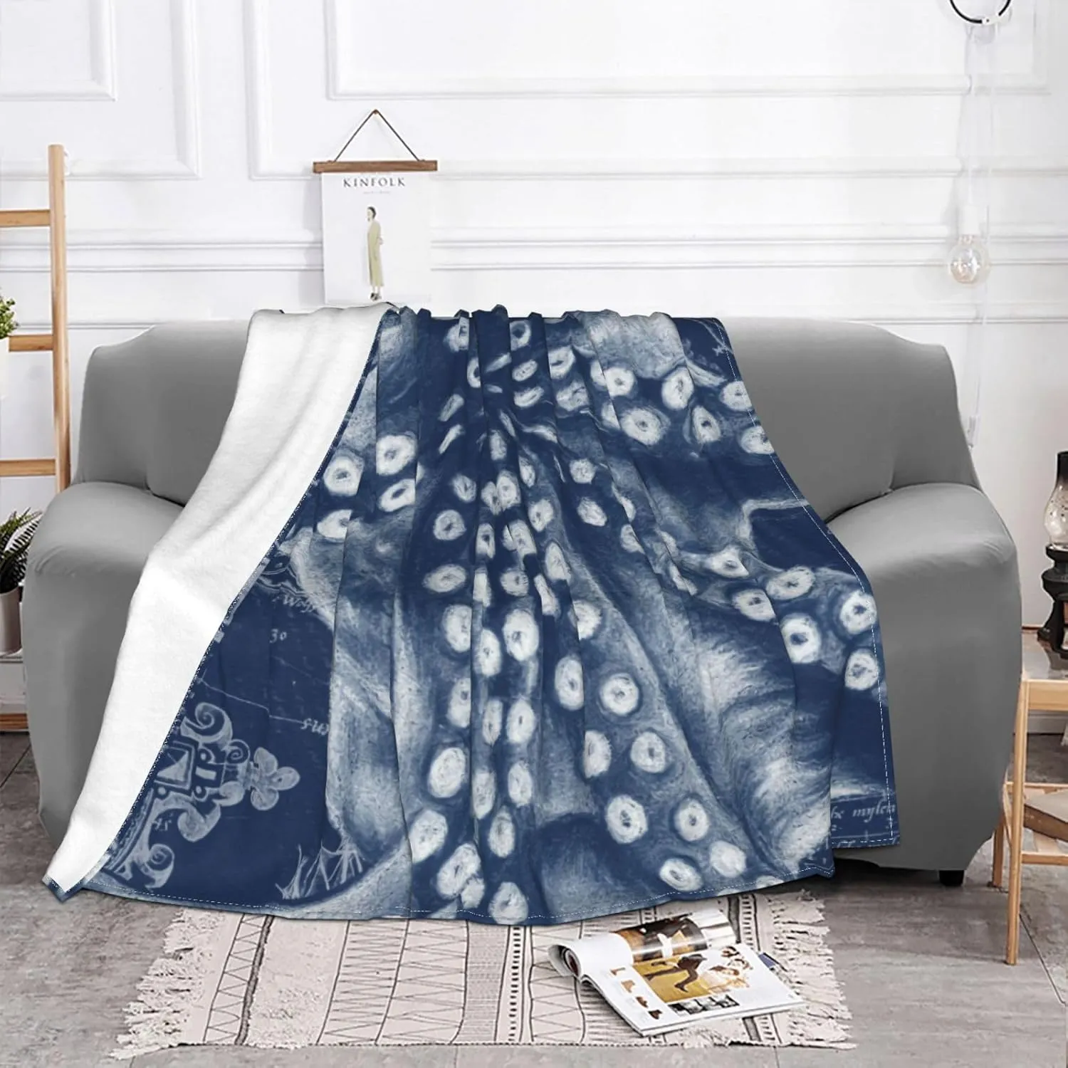 Blue Octopus Vintage Map Chic 60"X50" Flannel Blanket - 100% Soft Polyester, Lightweight and Warm, Suitable for Families, Camping, Travel