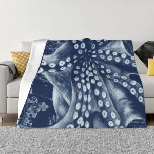 Blue Octopus Vintage Map Chic 60"X50" Flannel Blanket - 100% Soft Polyester, Lightweight and Warm, Suitable for Families, Camping, Travel