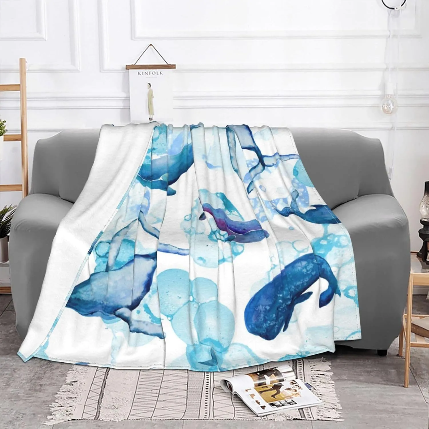 Blue Whales 60"X50" Flannel Blanket - 100% Soft Polyester, Lightweight and Warm, Suitable for Families, Camping, Travel