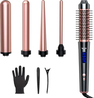 Bo'laiya 5 in 1 Curling Wand Set with Curling Brush and Temperature Display, 4 Interchangeable Ceramic Curling Wand(0.4'' - 1.3'') and Heat Protective Glove & 2 Clips -Rose Gold