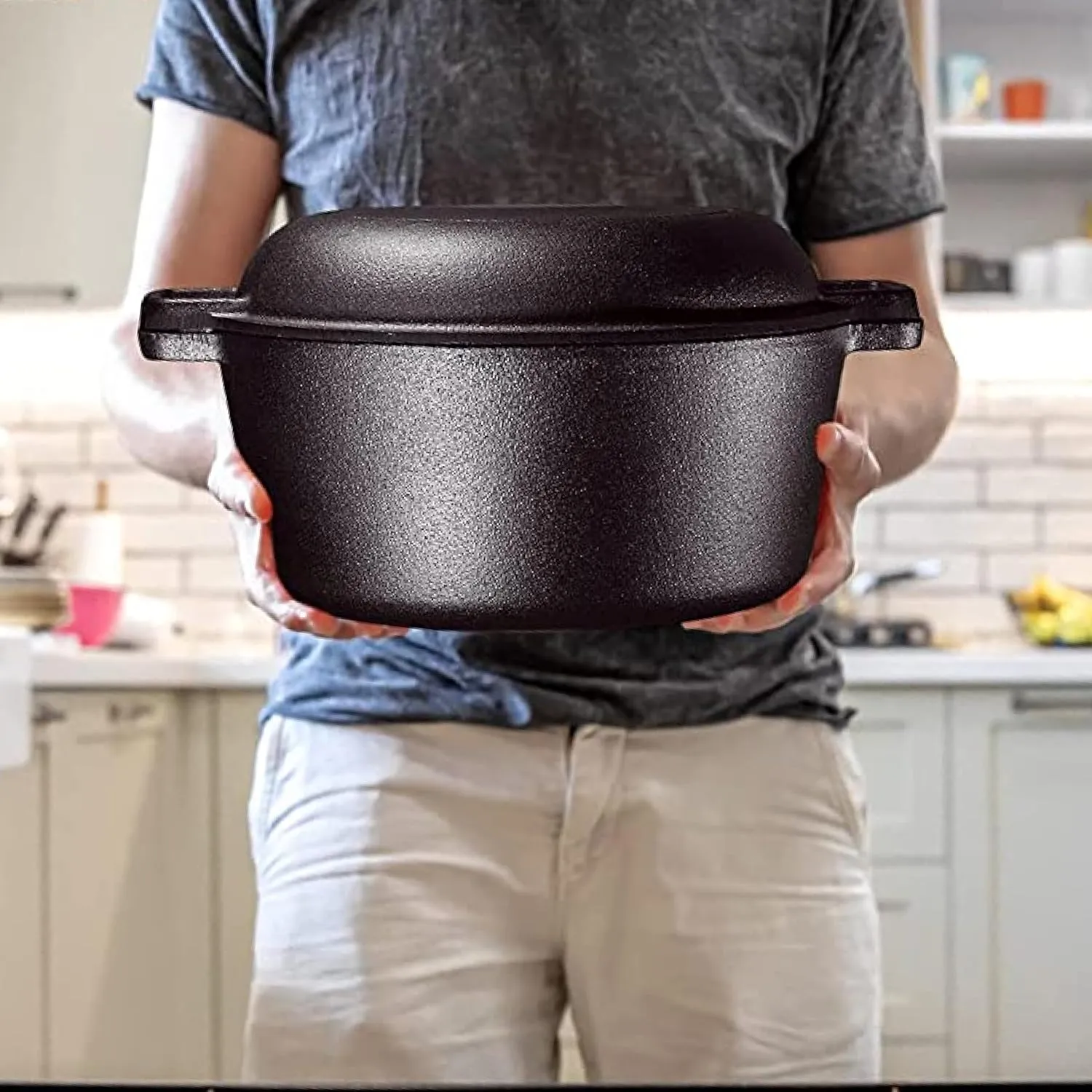 Bruntmor 2-in-1 Pre-Seasoned Cast Iron Dutch Oven with Handles - Crock Pot Black Cast Iron Pot with Skillet lid - All-in-One Cookware Braising Pan for Casserole Dish - 5 Quart - Black