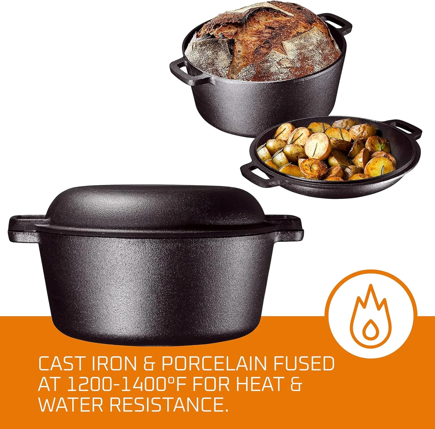 Bruntmor 2-in-1 Pre-Seasoned Cast Iron Dutch Oven with Handles - Crock Pot Black Cast Iron Pot with Skillet lid - All-in-One Cookware Braising Pan for Casserole Dish - 5 Quart - Black