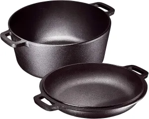 Bruntmor 2-in-1 Pre-Seasoned Cast Iron Dutch Oven with Handles - Crock Pot Black Cast Iron Pot with Skillet lid - All-in-One Cookware Braising Pan for Casserole Dish - 5 Quart - Black